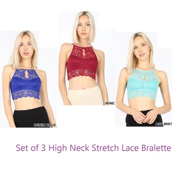 Stretch Lace Bralette - 3-Pack - High Neck Keyhole Bralette - Picture 1 of 6